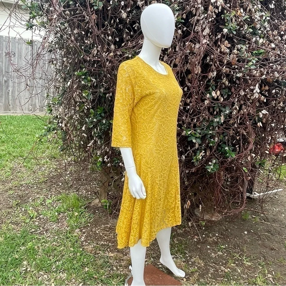 L & B Lucky & Blessed Lace Overlay Lined Mustard Yellow Midi Dress